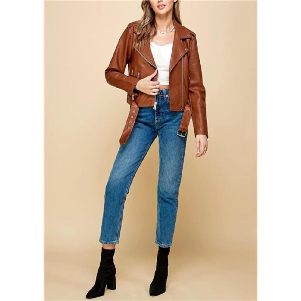 Slim Fit Stylish Vegan Leather Moto Jacket Orange - Picture 5 of 5